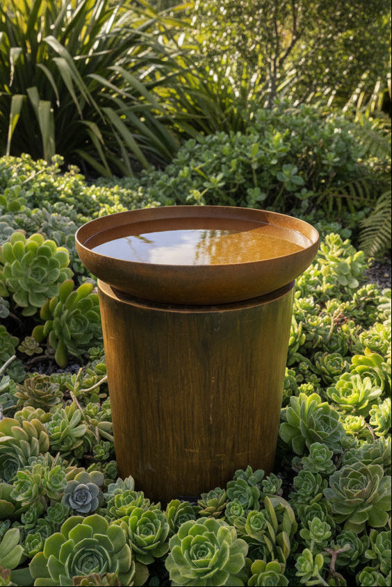 The Kakapo Small Tapered Corten Steel Bird Bath