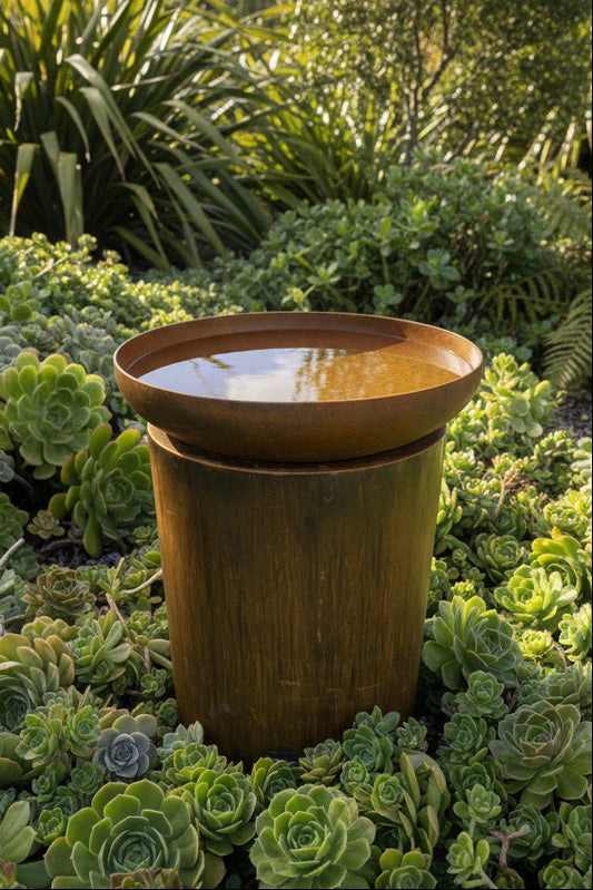 The Kakapo Small Tapered Corten Steel Bird Bath