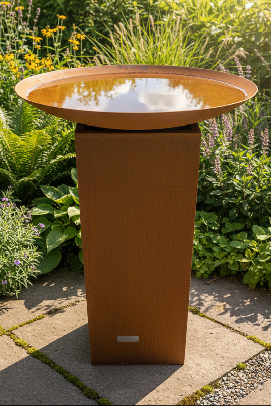 The Kingfisher 900 Tapered Column Corten Steel Birdbath